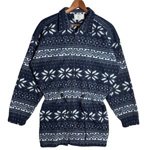 Vintage Bugle Boy Navy Blue Snowflake Fair Isle Fleece Jacket Zip Drawstring M‎